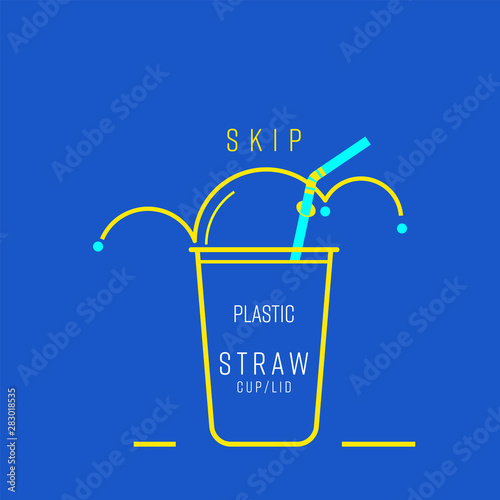 Skip single-use plastic straw, cup and lid symbol. Boucing line implied to cup lid shape as a gimmick of skipping. Vector illustration outline flat design style. 