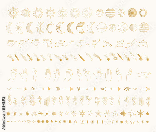 Big golden galaxy bundle with sun, moon, crescent, shooting star, planet, comet, arrow, constellation, zodiac sign, hands. Hand drawn vector isolated illustration. photo