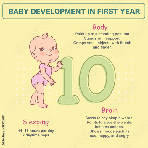 Little baby of 10 month.  Physical, emotional development milestones in first year.  Cute little baby boy or girl  in diaper standing. First steps.. Infographics  with text. Vector illustration.