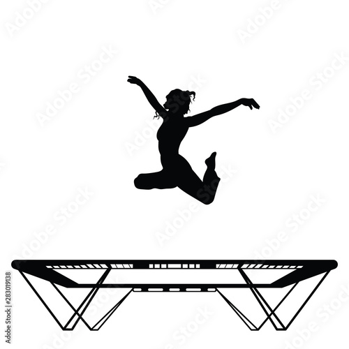 A woman with curly hair is doing gymnastics on a trampoline, contour