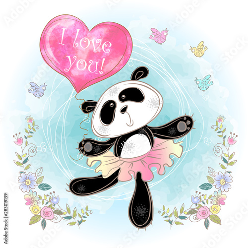 Cute Panda ballerina with a balloon in the shape of a heart. I love you. Valentine. Vector. Watercolor