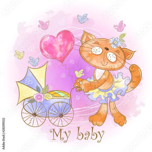 Mom cat with a baby in a stroller. My baby. Baby shower. Vector. Watercolor