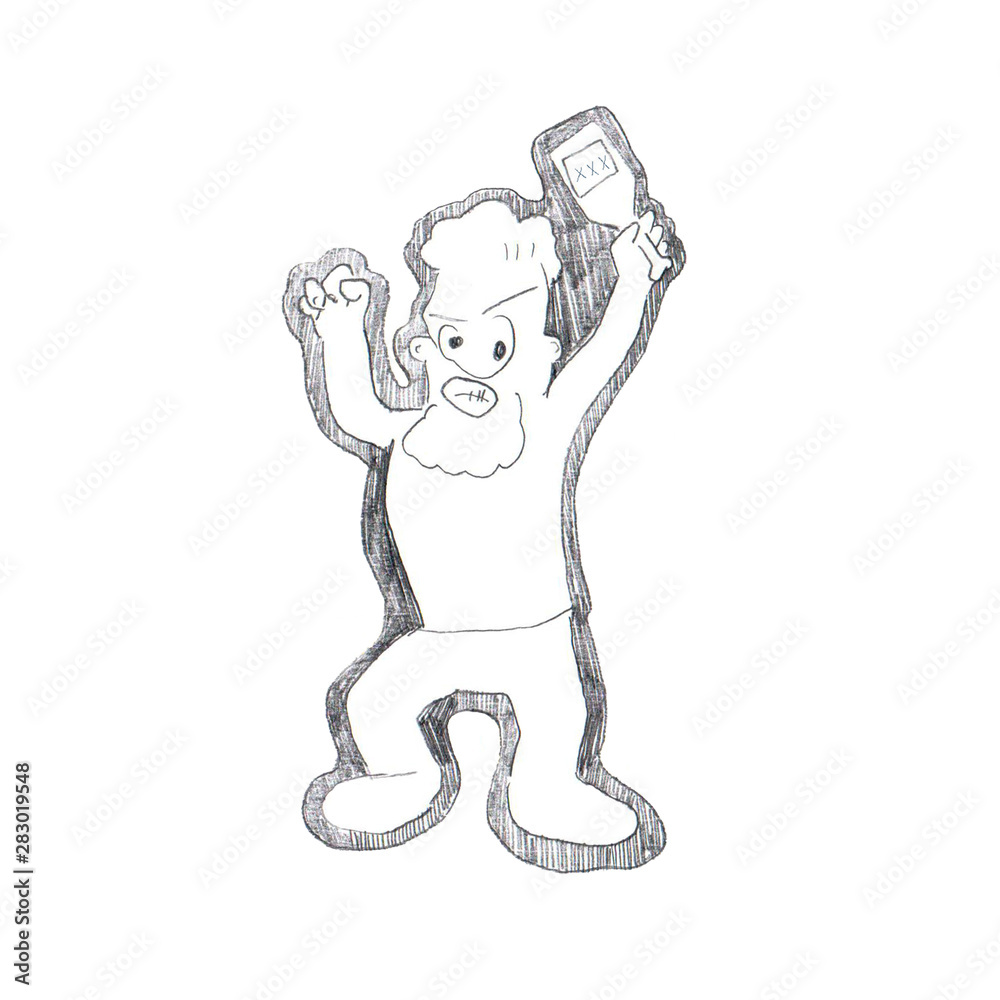 Fototapeta premium Drunk angry man with a bottle of alcohol, antisocial behavior illustration, hand drawing.