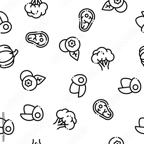 Healthy Food Seamless Pattern Vector Healthy Food Linear Pictograms Black Contour Illustration
