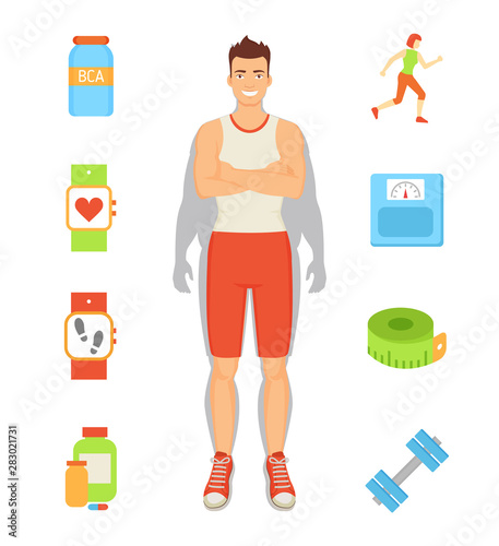 Weight loss person and isolated icons set vector. Man with bcaa, pedometer and pills, dumbbells and running woman. Meter roll and capsule in container