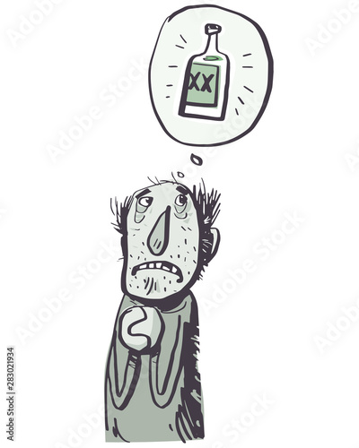 Depressive alcoholic. Comic Character. Vector illustration