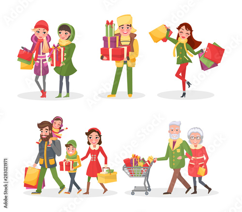 Christmas holiday shopping, family and friends vector. Children with parents carrying brought paper bags and presents on winter event celebration