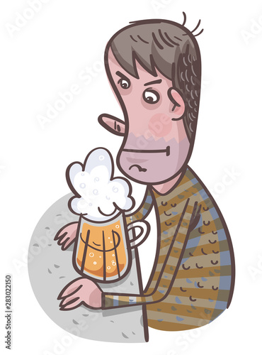 Unhappy Man Drinking Beer. Comic Character. Vector illustration