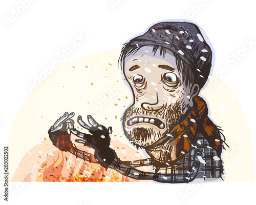 Homeless warms his hands. Vector illustration