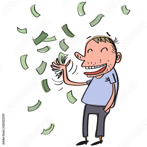 Man throws money away. Comic character
