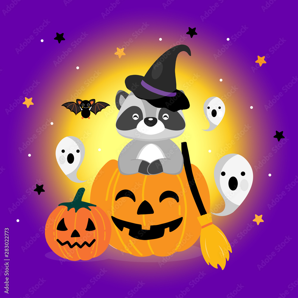 Cute raccoon in a witch hat in a Halloween pumpkin. Cute raccoon in a witch hat in a Halloween pumpkin.