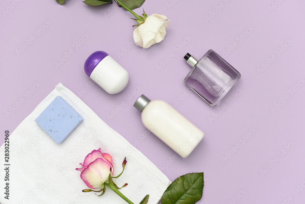 shampoo, cute, towel, and hygiene products on a beautiful background shampoo, cute, towel, and hygiene products on a beautiful background