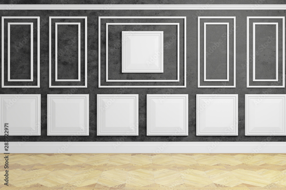 3d rendering, interior design, design wall, black wall with panels and wooden floor, empty room 3d rendering, interior design, design wall, black wall with panels and wooden floor, empty room
