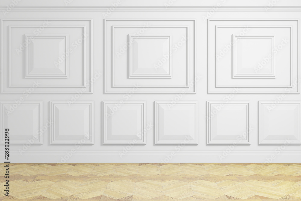 empty room with white panels wall and wooden floor, 3d rendering