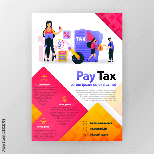 Pay taxes online business poster with flat cartoon illustration. Pay tax flyer business pamphlet brochure magazine cover design layout space for promotion and marketing, vector print template A4 size