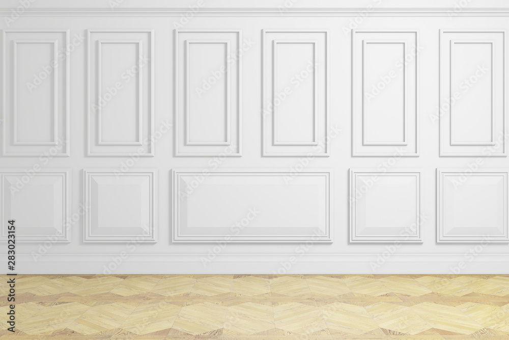 Naklejka premium white wall with panels and wooden floor, empty room,3d rendering, design wall