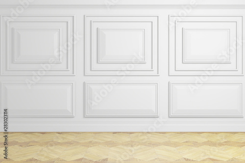 white wall with panels and wood floor, empty room,3d rendering, design wall