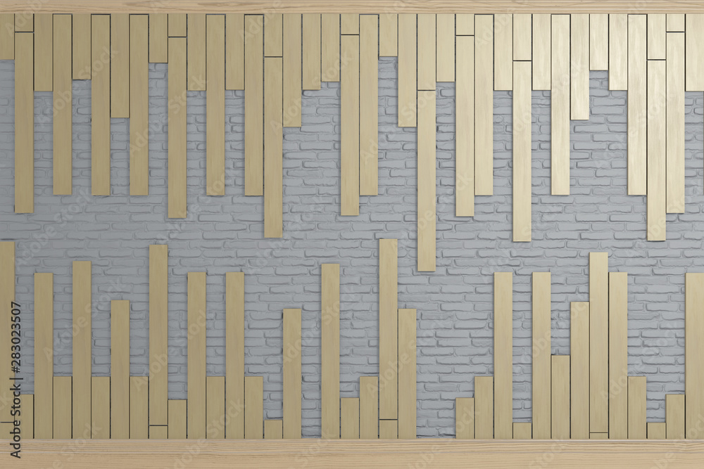 wooden slats on gray concrete brick texture, space for text, 3d rendering background wooden slats on gray concrete brick texture, space for text, 3d rendering background