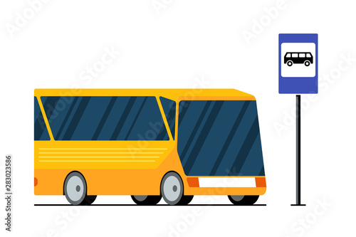 Yellow modern city transport bus on road near bus stop station sign. Vector isolated flat illustration for passenger transportation traffic service