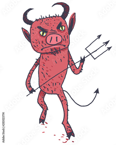 Funny illustration with a red cartoon devil - Vector