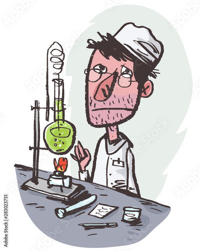 Pensive Chemist. Chemical reagents. Comic character