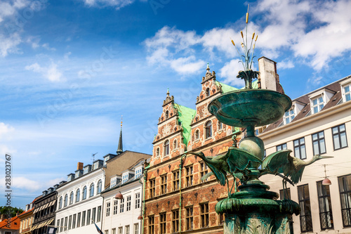 The Stork Fountain on Amagertorv Amager Square in the center of Copenhagen. Denmark. Summer sunny day.
