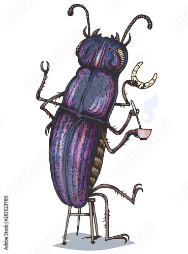 A beautiful little beetle sits on a stool and drinks tea. Comic character. Vector illustration