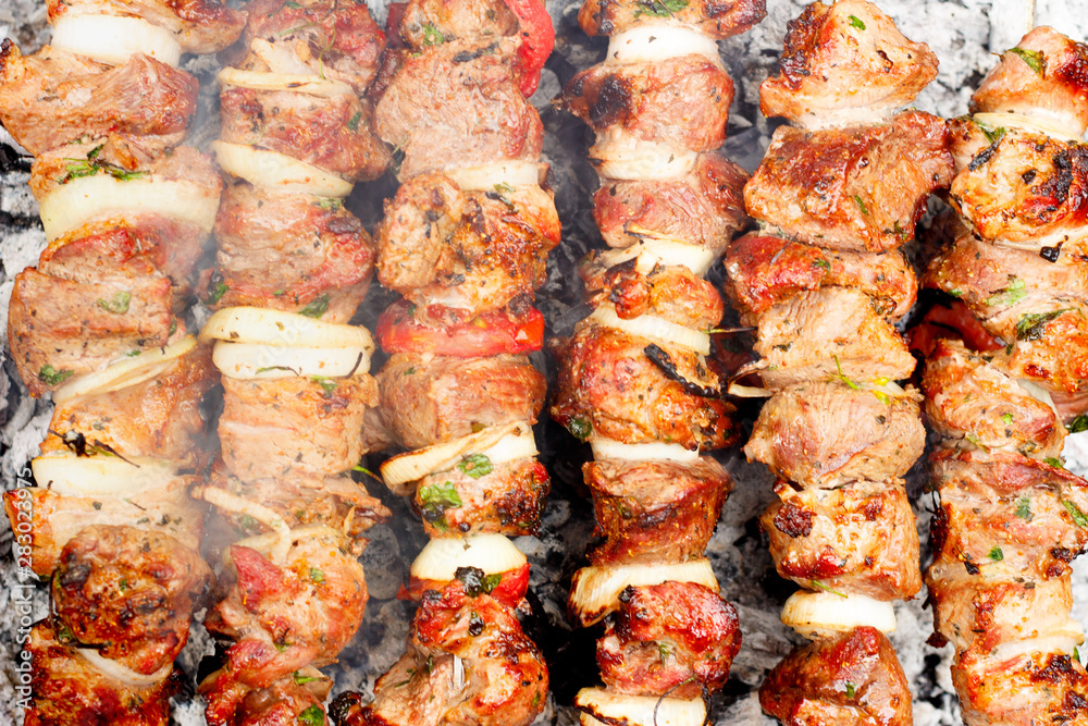 Skewers closeup as a top view background