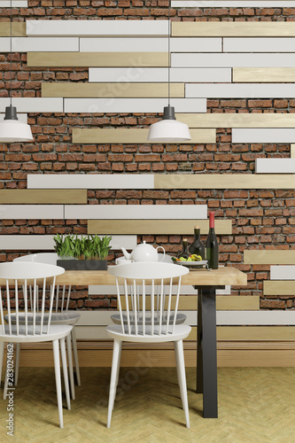 red concrete brick wall with wooden slats, design wall, room with furniture, 3d render background vertical © CREATIVE WONDER