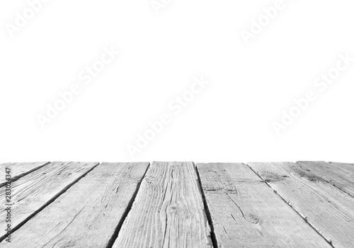 Empty light gray or white wood table or rustic wooden planks isolated on a white background. Space for your background placement or products. Christmas mockup