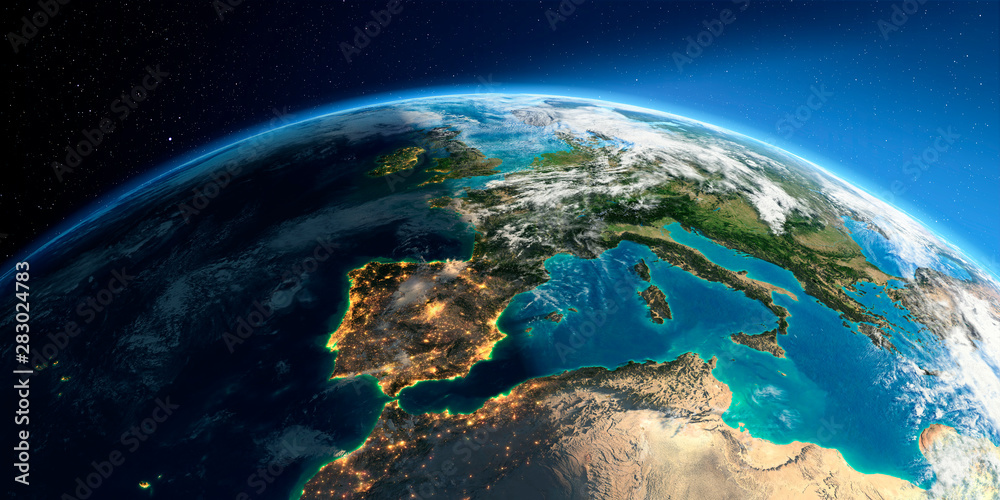 Detailed Earth. Spain and the Mediterranean Sea - obrazy, fototapety, plakaty 