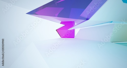 Abstract architectural glass gradient color interior of a minimalist house with large windows. 3D illustration and rendering.