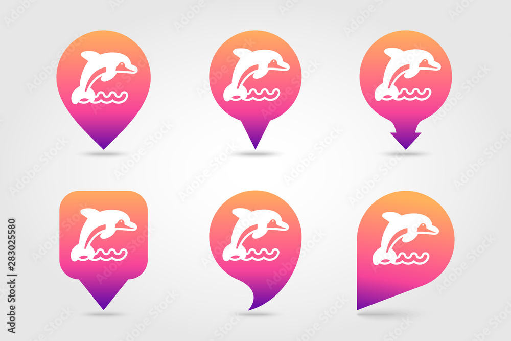 Dolphin pin map icon. Summer. Vacation Dolphin pin map icon. Summer. Vacation