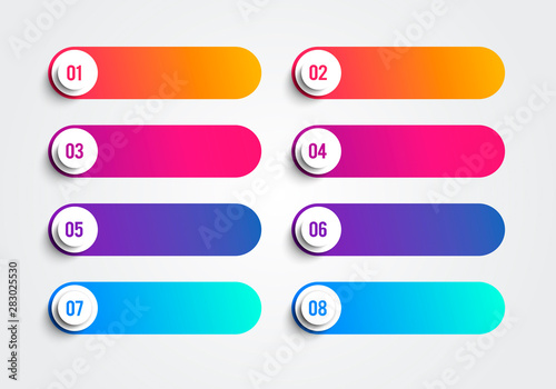 Bullet Points With Numbers 1 to 8 In Colorful Text Boxes. Vector Web Element