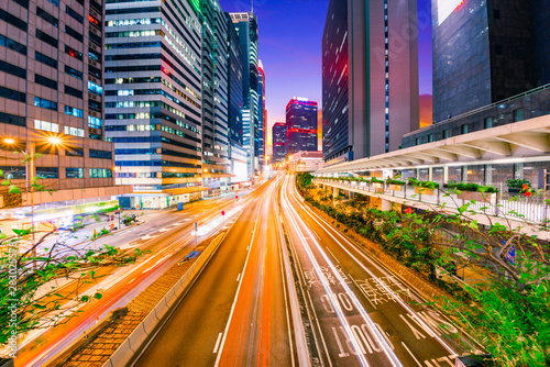 Photography Building and traffic in Hong Kong at sunset time.