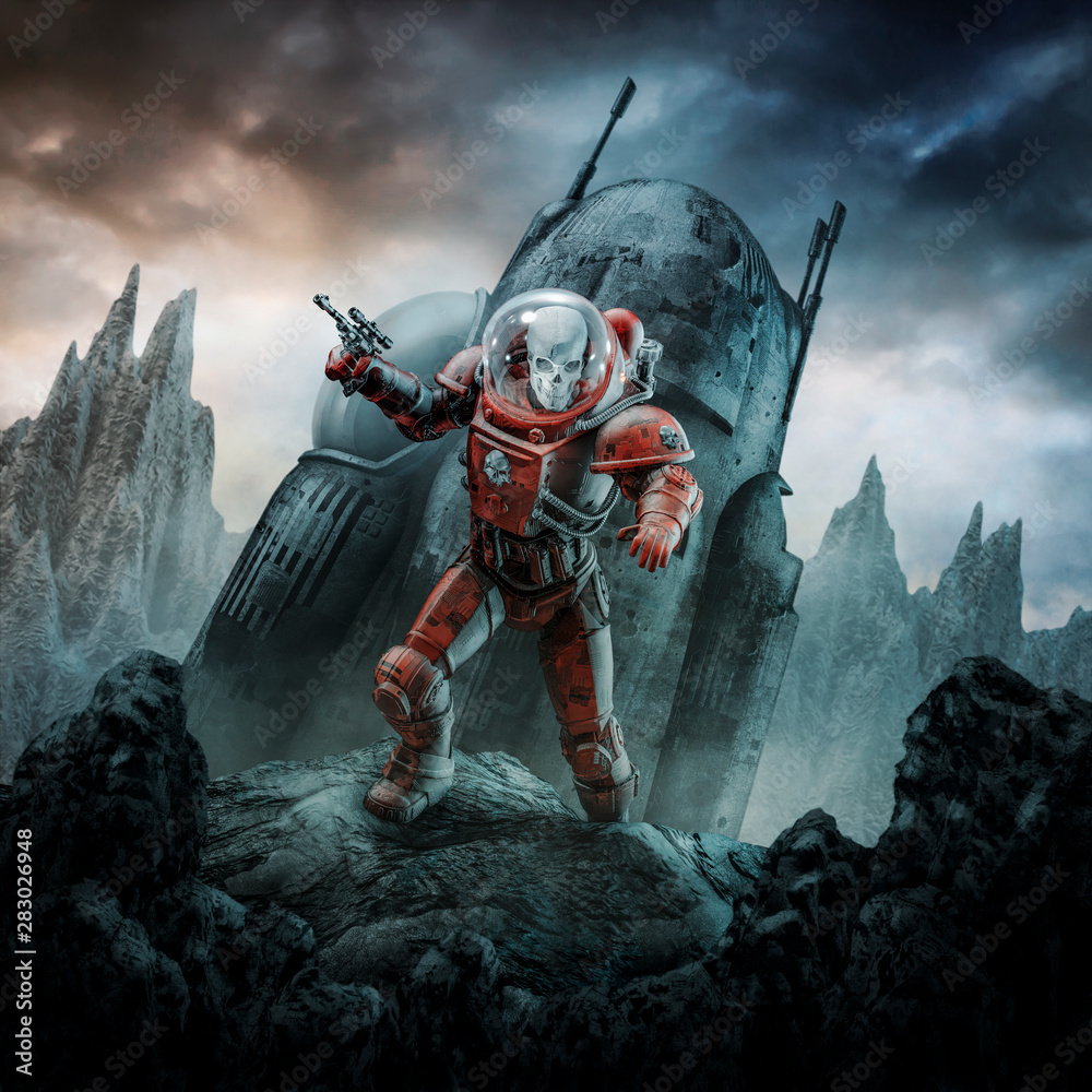 Crashed skeleton astronaut / 3D illustration of retro science fiction