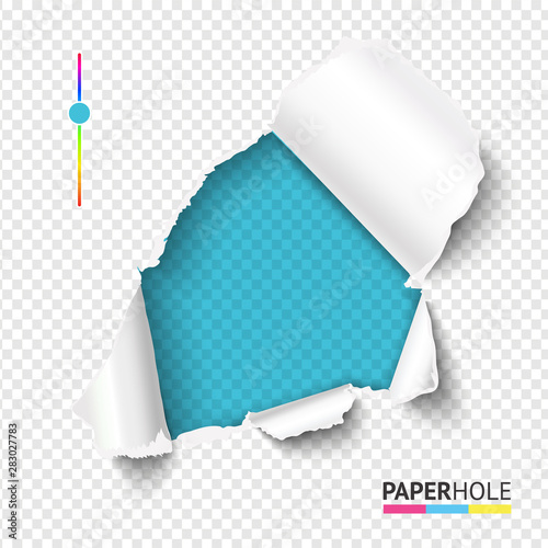 Bright Azure torn paper hole with ripped edge on blank transparent background for sale banner to reveal your message. Vector illustration