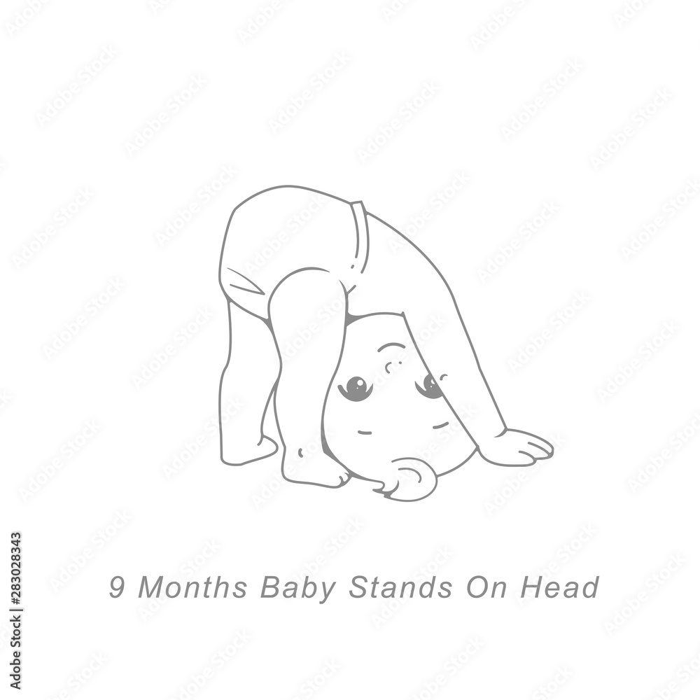 Obraz premium Little baby of 9 month. Physical, emotional development milestones in first year. Cute little baby boy or girl in diaper stand on head. Infographics with text. Vector illustration.