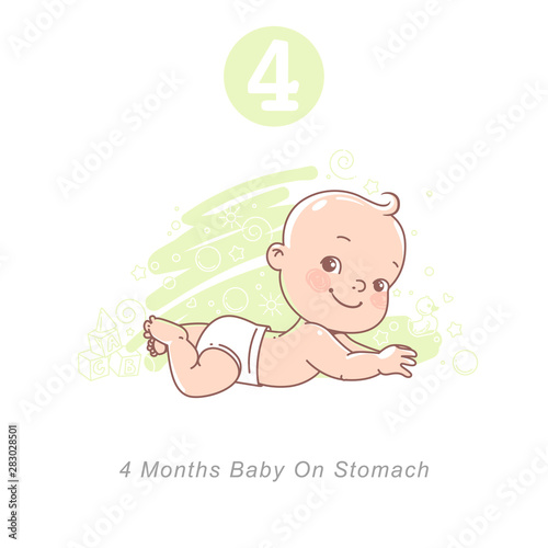 Little baby of 4 months.  Physical, emotional development milestones in first year.  Cute little baby boy or girl  in diaper lying on stomach.. First year. Infographic with text. Vector illustration.