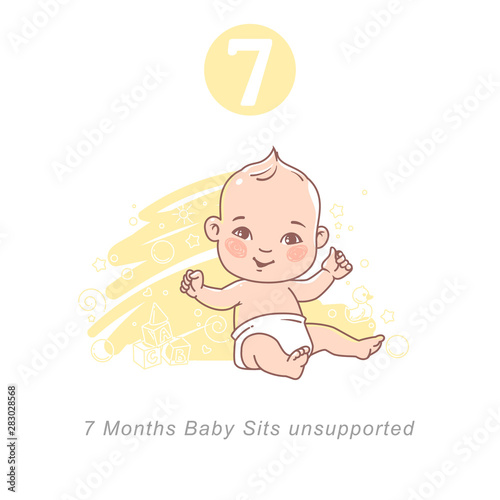 Little baby of 7 month. Baby Physical, emotional development milestones in first year. Cute little baby boy or girl  in diaper sitting unsupported. Infographics  with text.  Vector illustration. 
