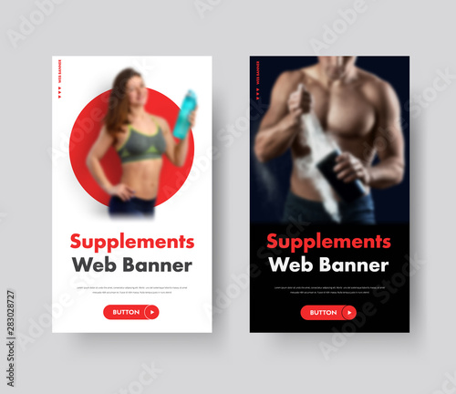 Template of vector vertical web banners for sports nutrition advertising and supplements.