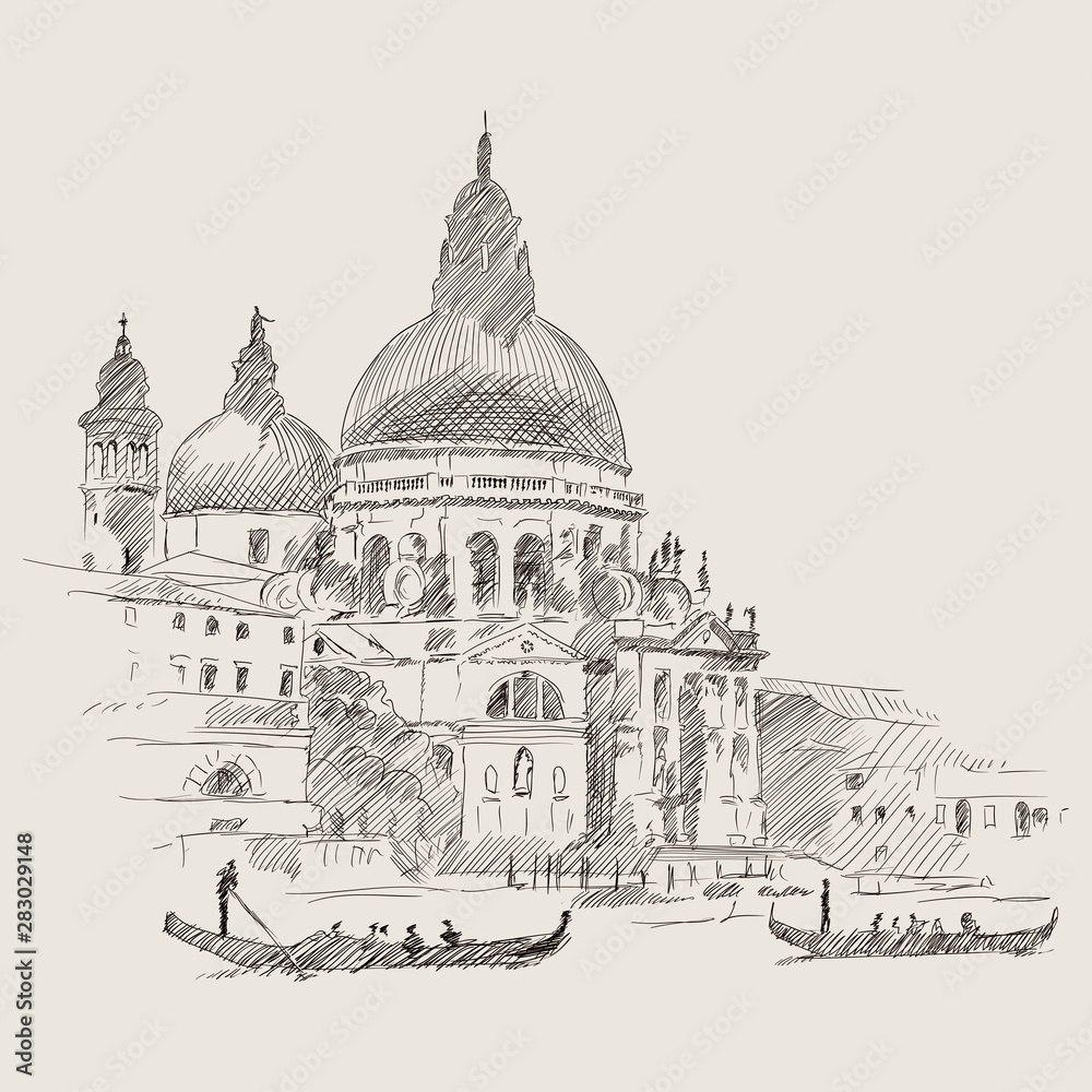 Scenery of the old city of Venice. Ancient buildings, a water channel and a boat floating on the water. Pencil sketch.