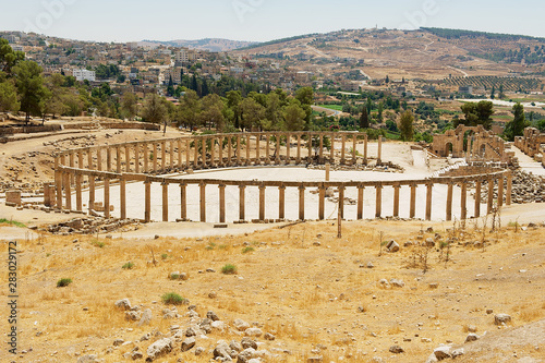 Ruins of Forum (Oval Plaza) in Jerash, Jordan.