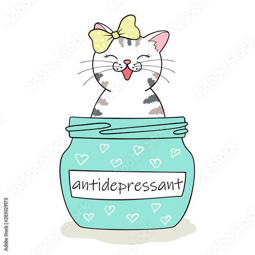 Furry antidepressant. Cute cartoon cat sitting in pill bottle. Hand drawn illustration