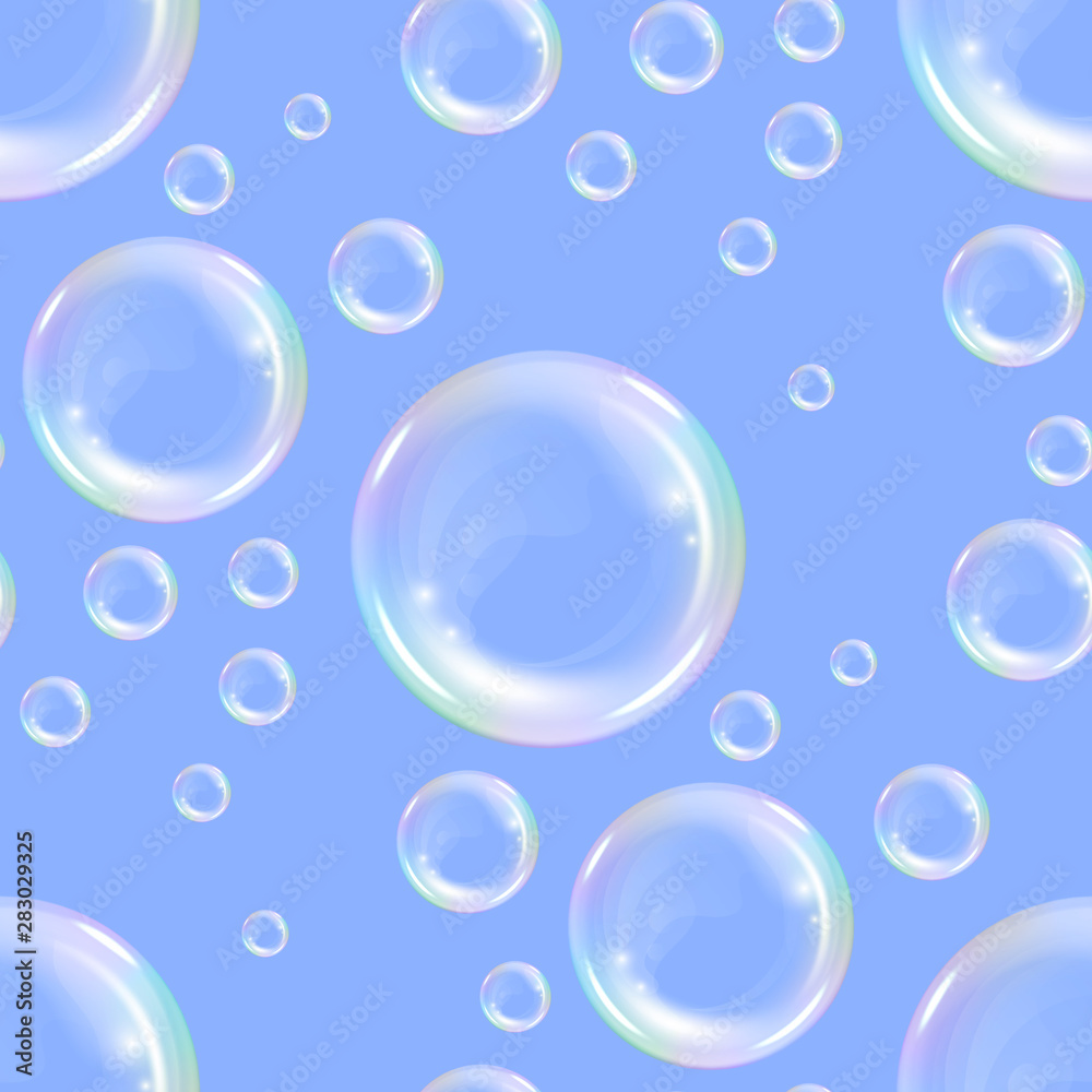 Seamless pattern with realistic transparent floating soap bubbles with rainbow reflection. Design element for advertising booklet, flyer or poster