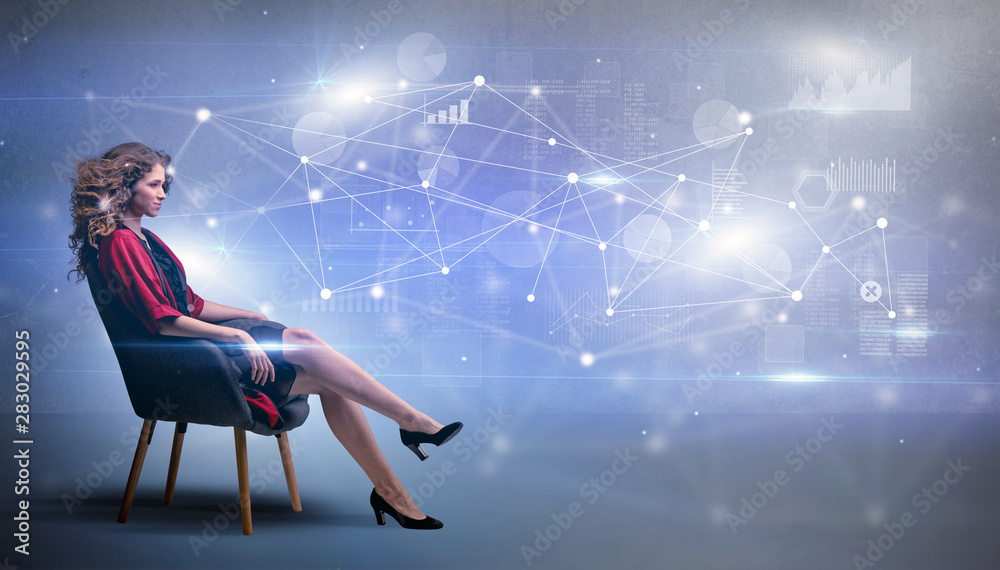 Elegant woman sitting in a sofa with network and connection concept Elegant woman sitting in a sofa with network and connection concept