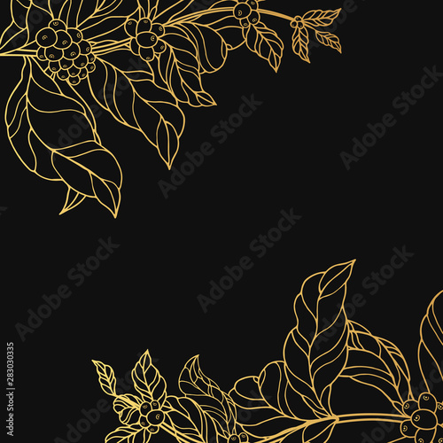 Concept golden border with vintage coffee branches with gold leaves and beans. Cocoa background frame for shop or house. Vector isolated illustration.