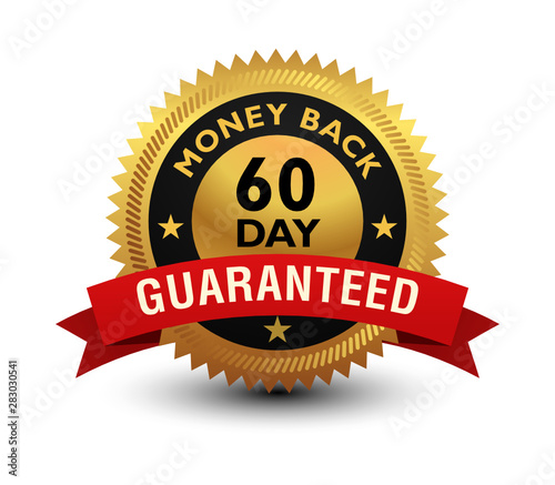 Golden glossy, top quality 60 day money back guaranteed badge, sign, seal, stamp, label with red ribbon on top isolated on white background.