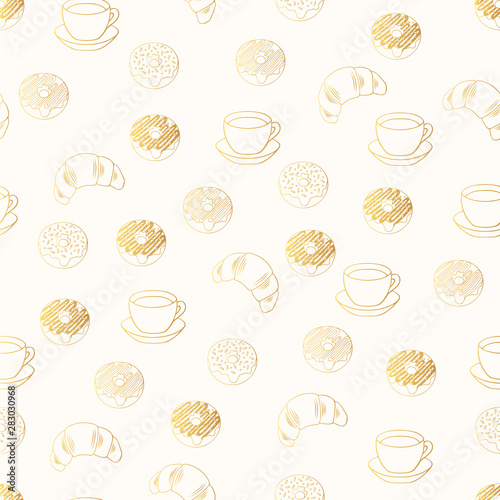 Golden hot espresso cup with donuts, croissant seamless pattern. Gold background for coffee cafe menu, shop or house. Vector isolated illustration.