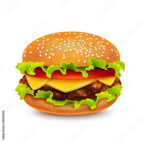 Isolated Hamburger on White Background in Realistic Style